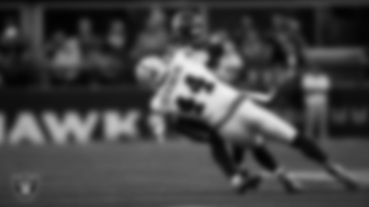 Las Vegas Raiders linebacker Tommy Eichenberg (44) makes a tackle during the preseason away game against the Seattle Seahawks at Lumen Field.