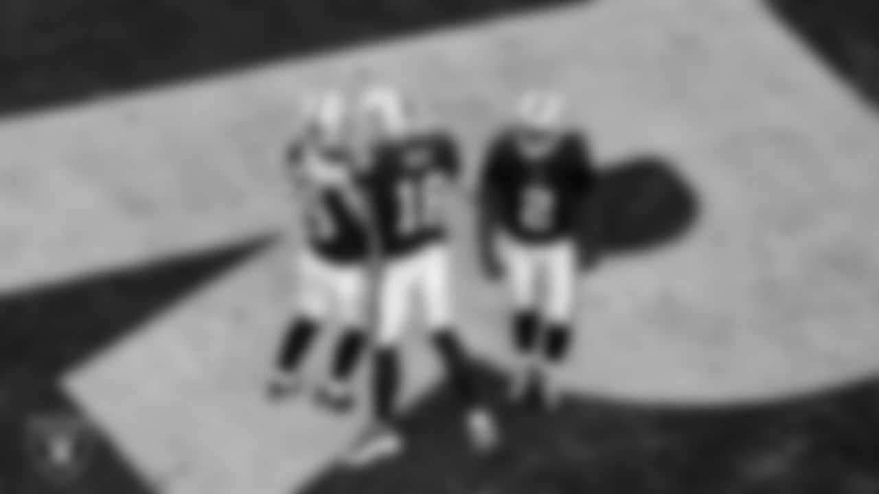 Las Vegas Raiders tight end Brock Bowers (89) celebrates with wide receiver Jack Bech (18) after making a 15-yard touchdown catch during the regular season home game against the Denver Broncos at Allegiant Stadium.