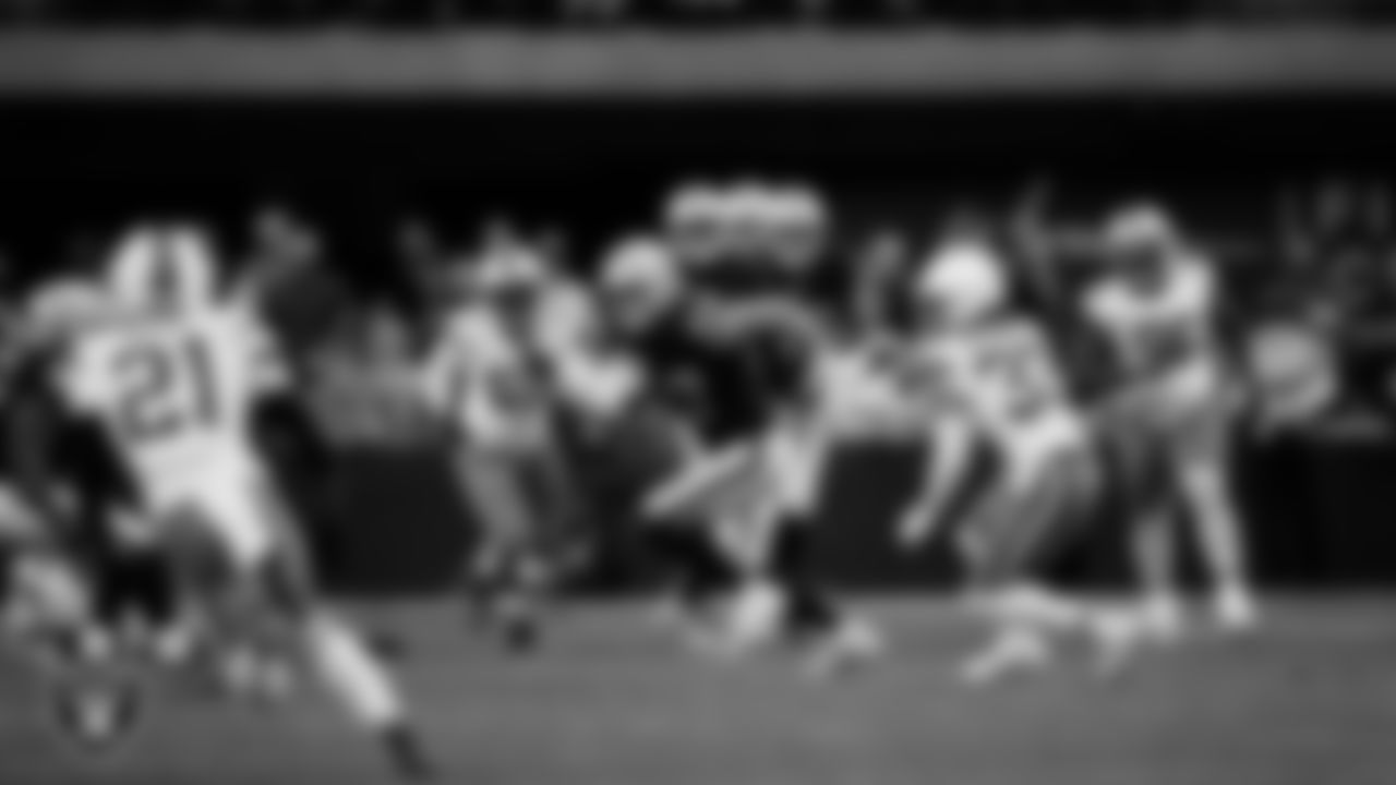 Las Vegas Raiders tight end Michael Mayer (87) runs after making a catch during the regular season home game against the Cleveland Browns at Allegiant Stadium.