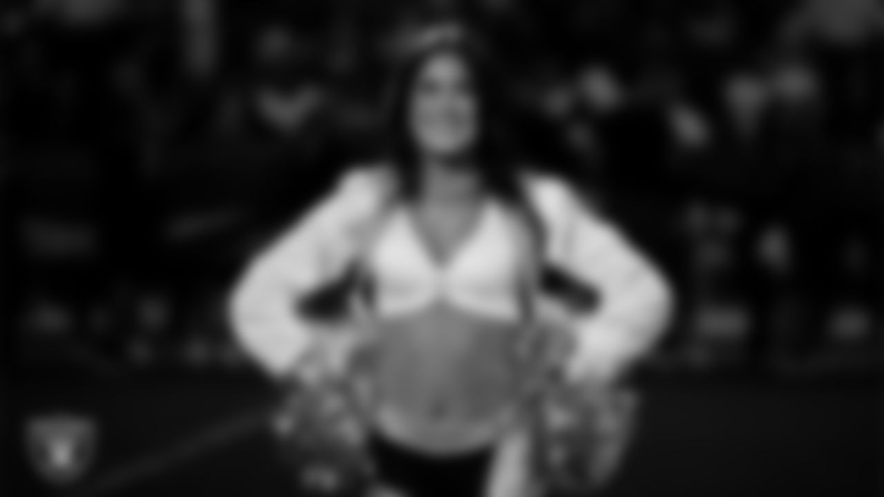 Raiderette Macy during player introductions before the regular season home game against the Los Angeles Chargers at Allegiant Stadium.