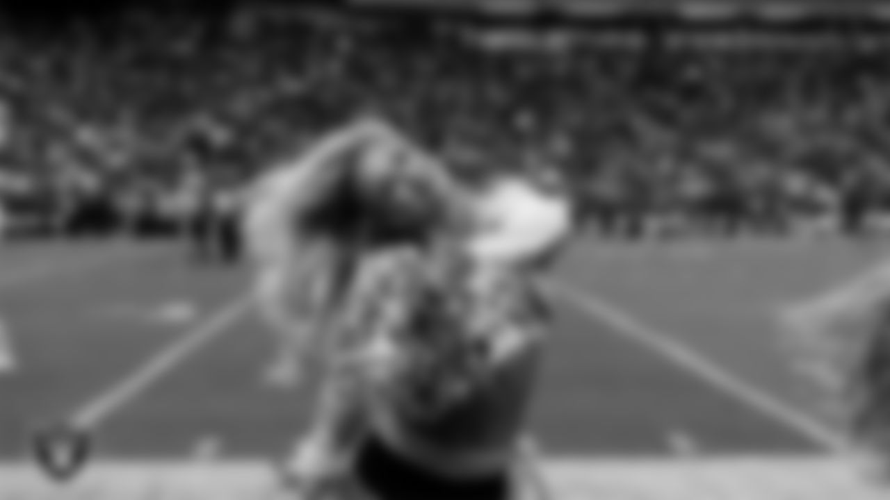 Raiderette Delaney performs on the sidelines during the regular season home game against the Jacksonville Jaguars at Allegiant Stadium.