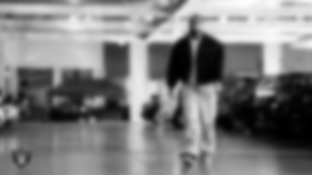 Las Vegas Raiders defensive tackle Jonah Laulu (96) arrives to the regular season home game against the New York Giants at Allegiant Stadium.