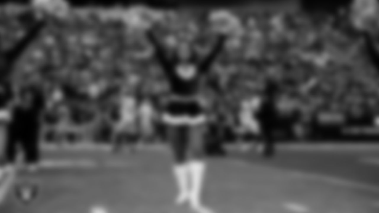 Raiderette Sloane during player introductions before the regular season home game against the New York Giants at Allegiant Stadium.