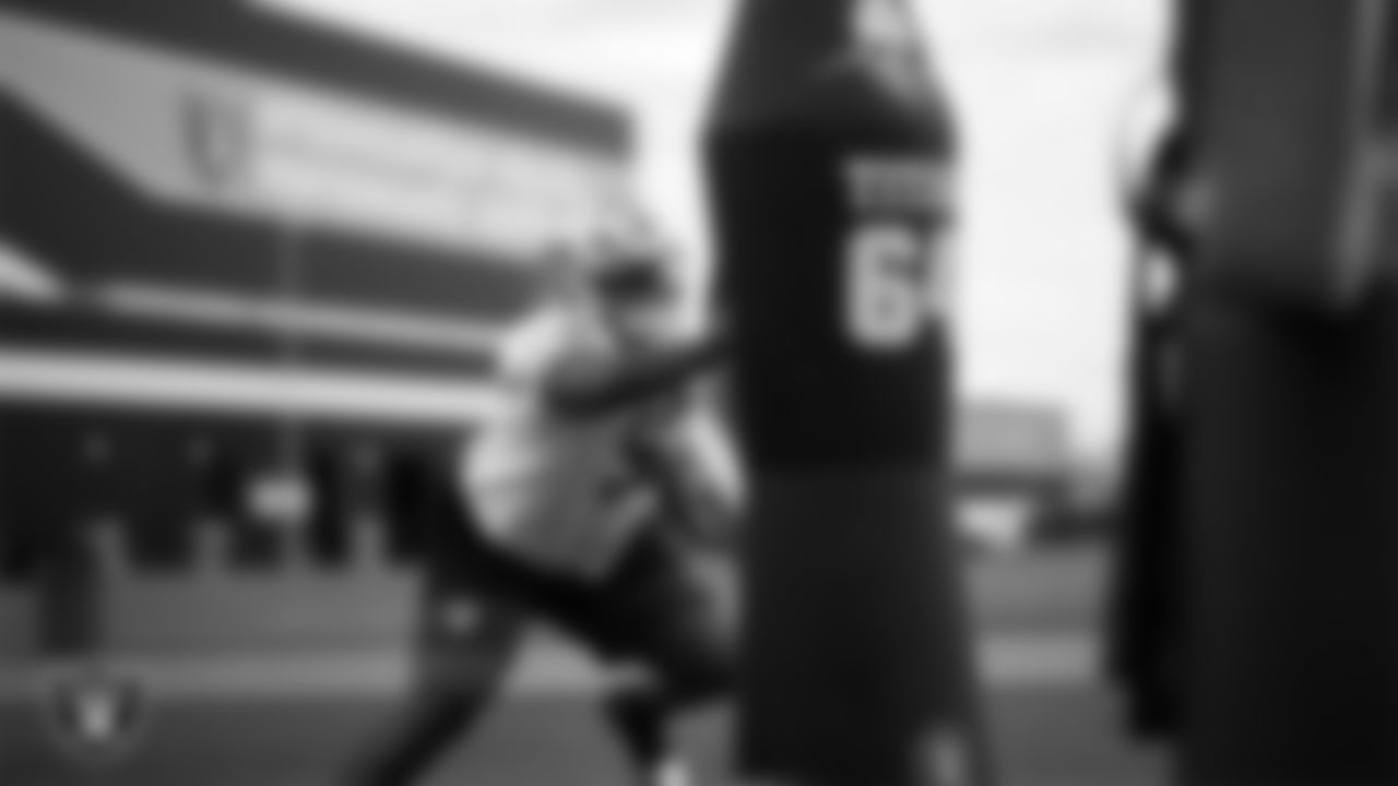 Las Vegas Raiders defensive tackle JJ Pegues (92) during practice at Intermountain Health Performance Center.