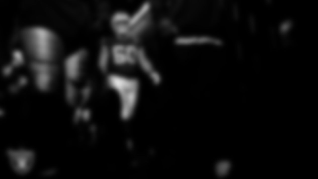 Las Vegas Raiders tackle Charles Grant (60) walks down the tunnel before the regular season home game against the New York Giants at Allegiant Stadium.