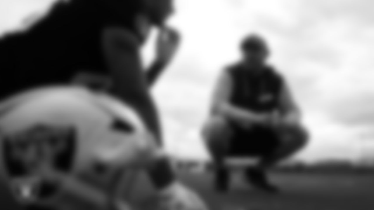 Las Vegas Raiders tight ends coach Luke Steckel during practice at Intermountain Health Performance Center.