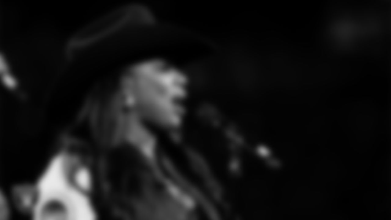 Musical duo The War and Treaty performs the national anthem before the Las Vegas Raiders' regular season home game against the Dallas Cowboys at Allegiant Stadium.