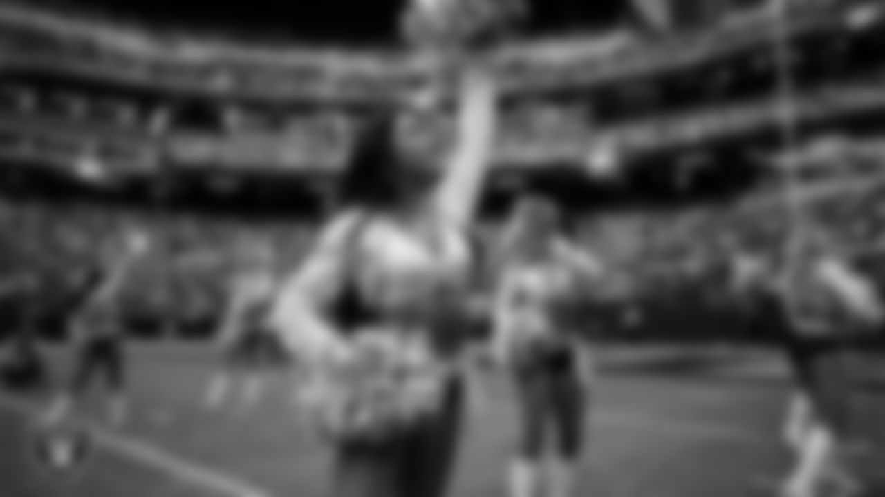 Raiderette Meekela during player introductions before the regular season home game against the Cleveland Browns at Allegiant Stadium.