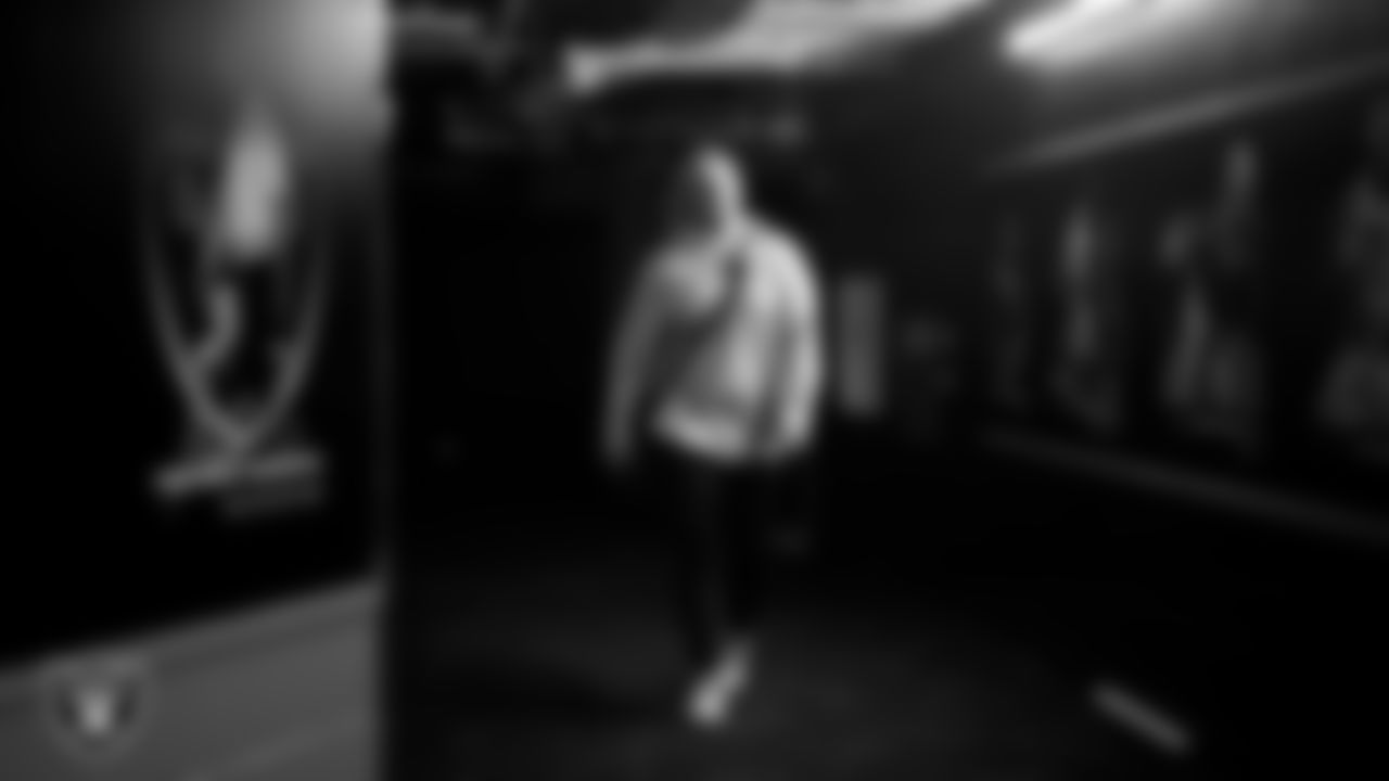 Las Vegas Raiders guard Alex Cappa (65) arrives to the regular season home game against the Denver Broncos at Allegiant Stadium.