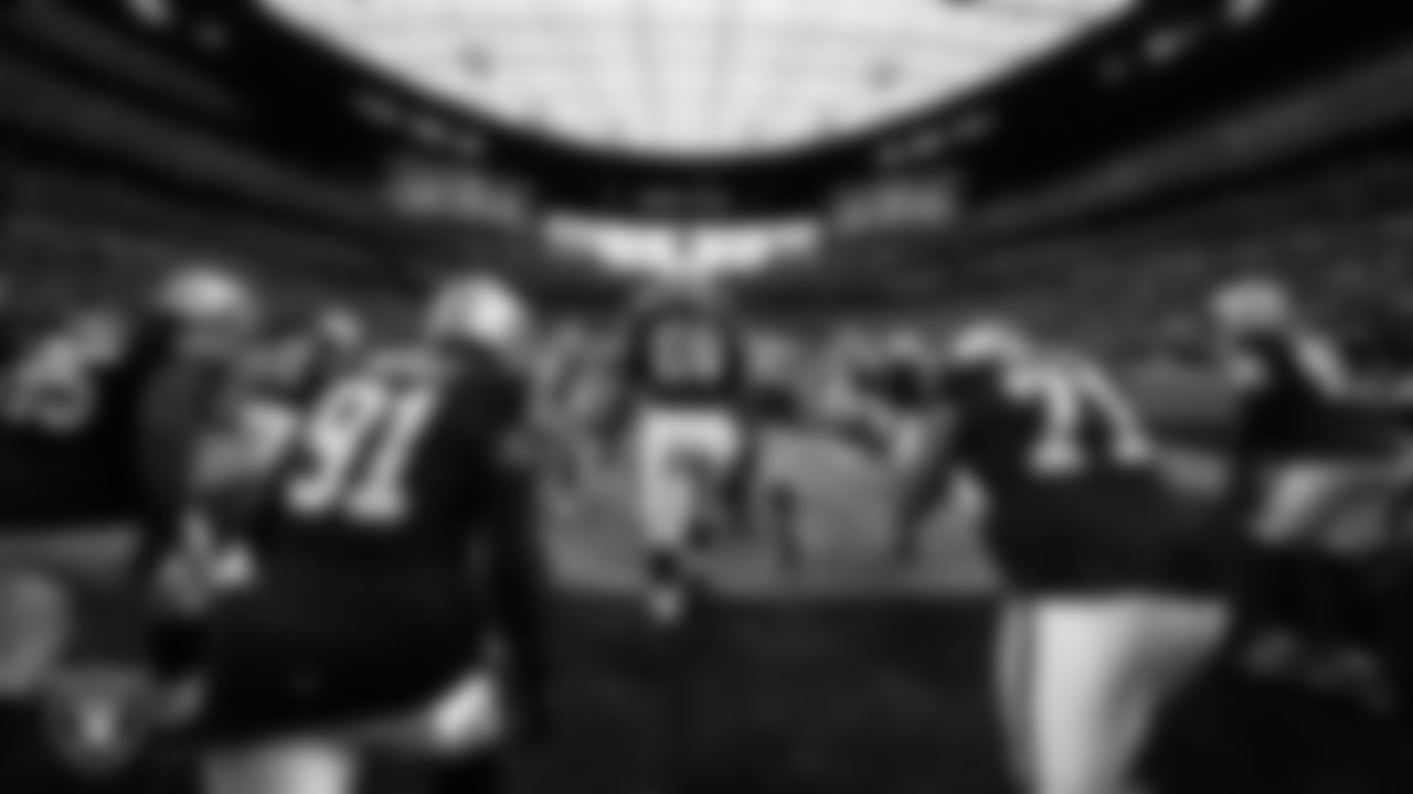 The Las Vegas Raiders are introduced onto the field before their regular season home game against the New York Giants at Allegiant Stadium.