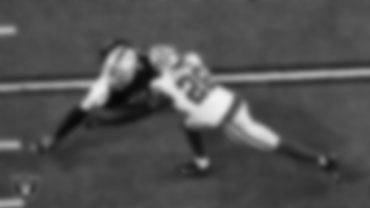 Las Vegas Raiders tight end Ian Thomas (80) runs after making a catch during the regular season home game against the Dallas Cowboys at Allegiant Stadium.
