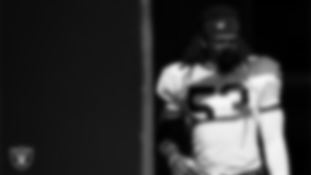 Las Vegas Raiders linebacker Brian Asamoah II (53) during practice at Intermountain Health Performance Center.