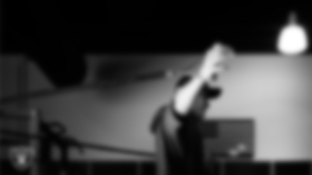 Las Vegas Raiders quarterback Aidan O'Connell (12) in the weight room during practice at Intermountain Health Performance Center.