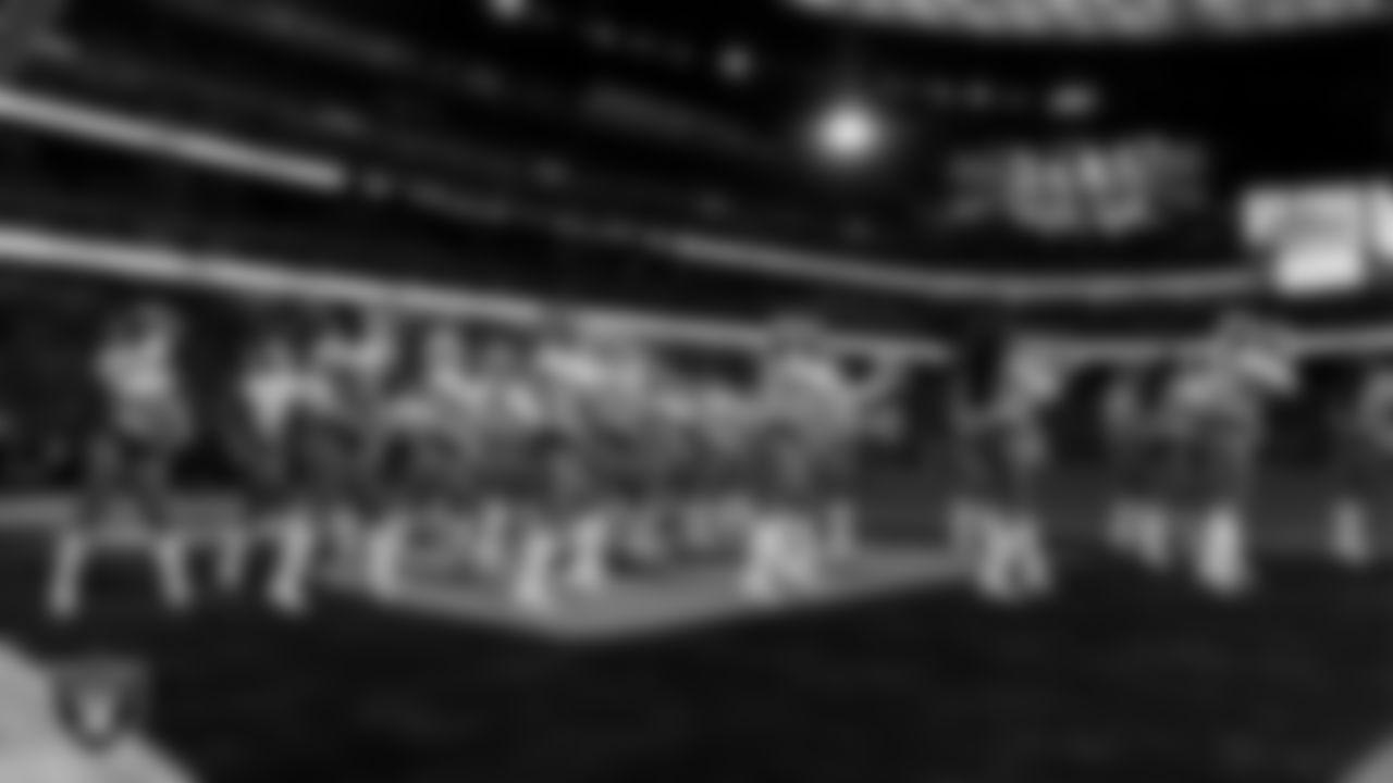 The Raiderettes perform on the field during the regular season home game against the Cleveland Browns at Allegiant Stadium.