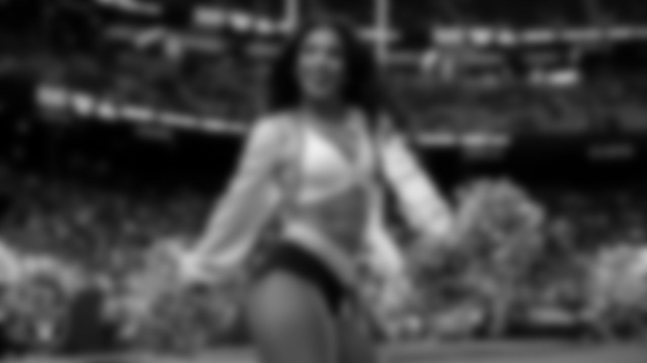 Raiderette Cierra performs on the sidelines during the regular season home game against the New York Giants at Allegiant Stadium.