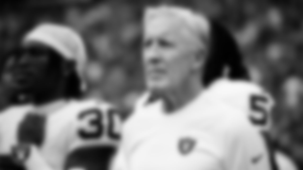 Las Vegas Raiders Head Coach Pete Carroll during the national anthem before the preseason away game against the Seattle Seahawks at Lumen Field.