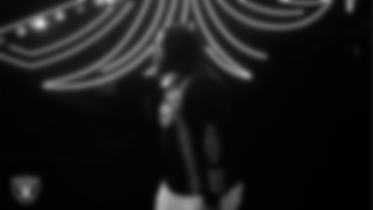 Las Vegas Raiders guard Dylan Parham (66) arrives to the regular season home game against the New York Giants at Allegiant Stadium.