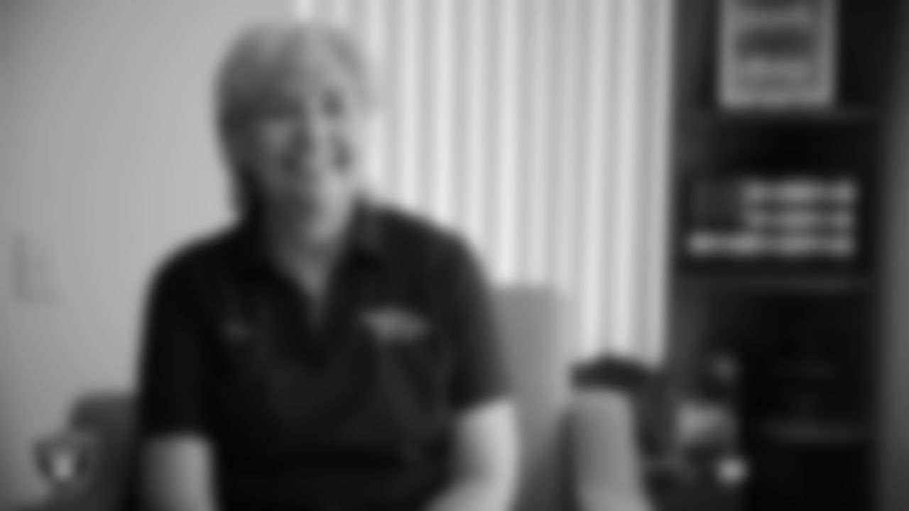 United States Air Force Veteran Bobi Oates is interviewed before being surprised with tickets to the Las Vegas Raiders' Salute to Service game.