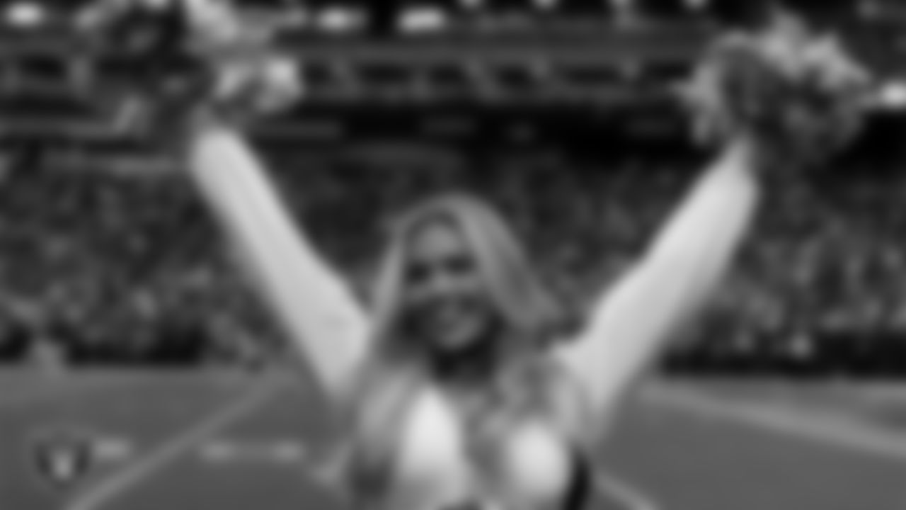 Raiderette Devyn on the sidelines during the regular season home game against the Denver Broncos at Allegiant Stadium.