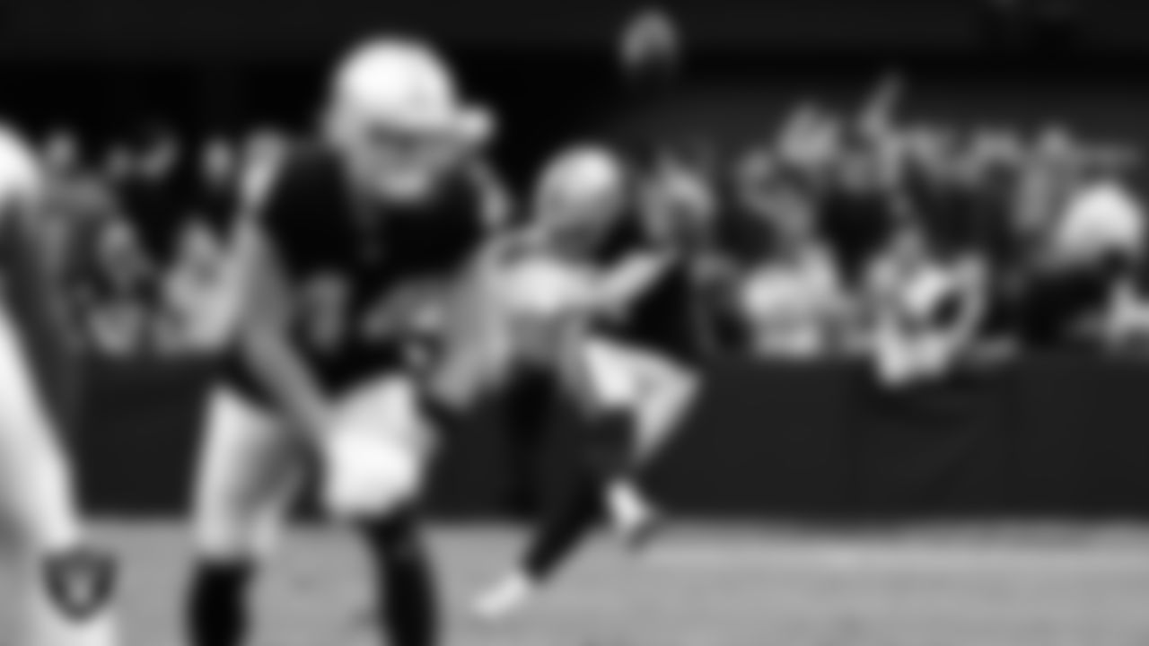 Las Vegas Raiders kicker Daniel Carlson (8) during the regular season home game against the Tennessee Titans at Allegiant Stadium.