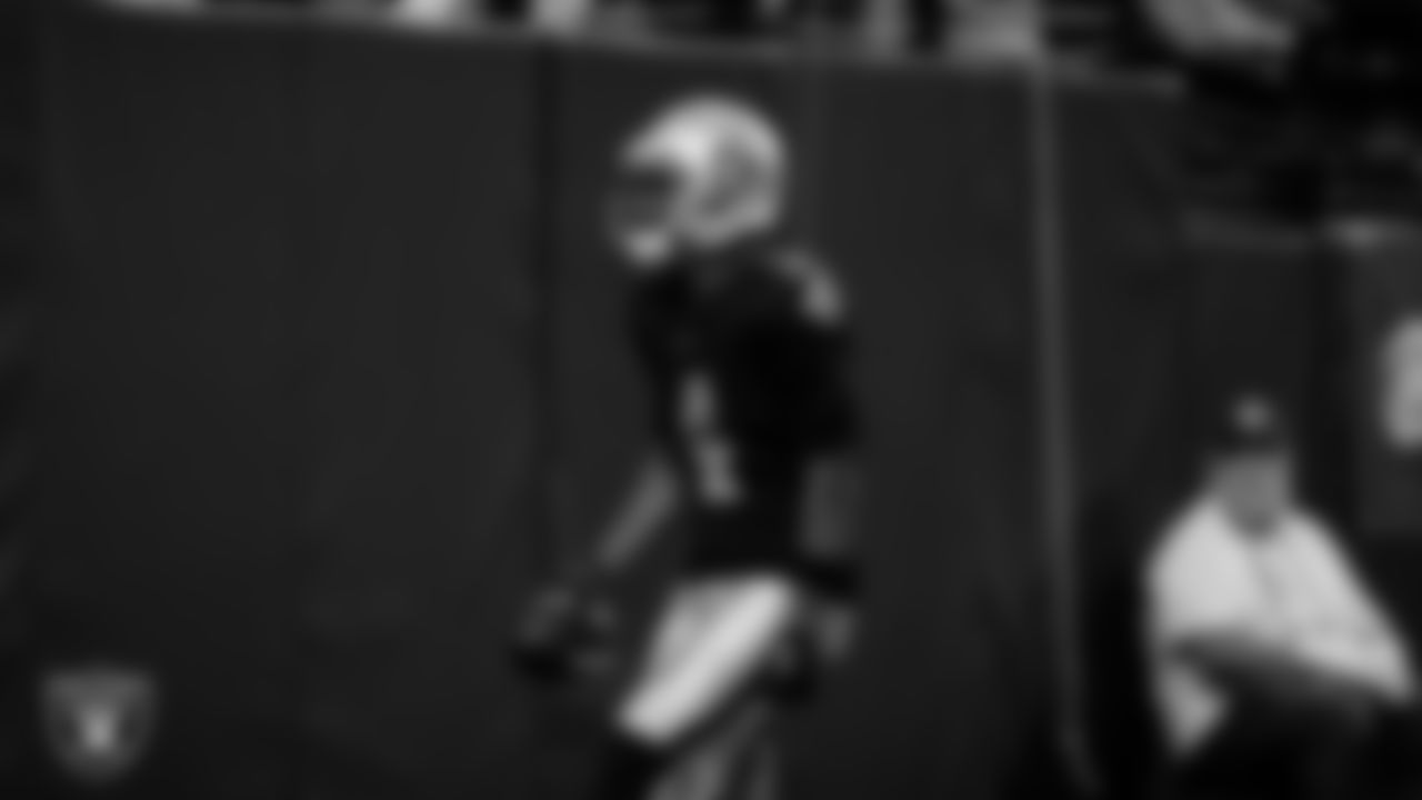 Las Vegas Raiders wide receiver Shedrick Jackson (4) celebrates after making a 25-yard touchdown catch during the regular season home game against the Denver Broncos at Allegiant Stadium.