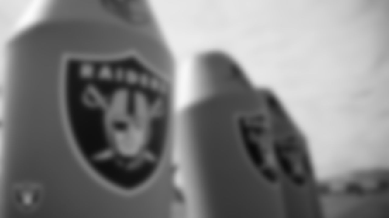 Las Vegas Raiders signage on a tackle dummy during practice at Intermountain Health Performance Center.