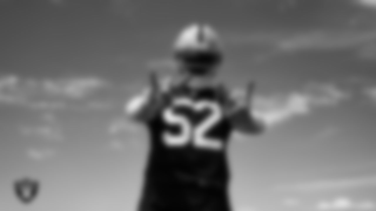 Las Vegas Raiders linebacker Elandon Roberts (52) at an Organized Team Activity (OTA) at Intermountain Health Performance Center.