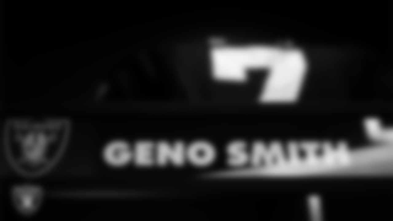 Las Vegas Raiders quarterback Geno Smith's (7) locker in the locker room prior to the Raiders' arrival for their regular season home game against the New York Giants at Allegiant Stadium.