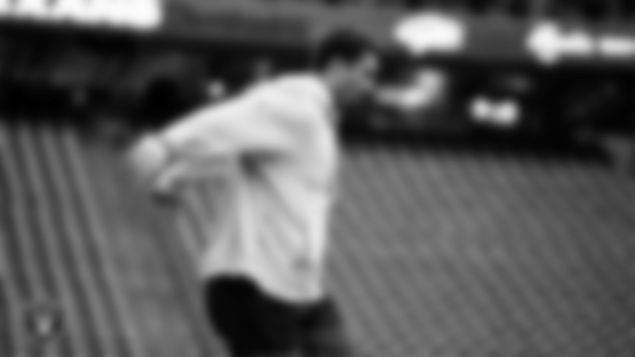 Las Vegas Raiders offensive lineman Stone Forsythe (70) warming up before the regular season away game against the Houston Texans at NRG Stadium.