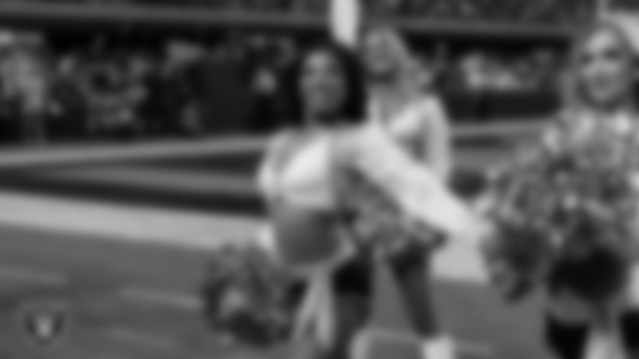 Raiderette Bria on the sidelines during the regular season home game against the Los Angeles Chargers at Allegiant Stadium.