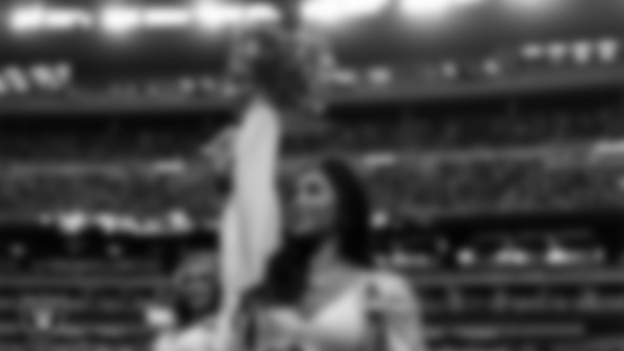 Raiderette Meekela on the sidelines during the regular season home game against the Jacksonville Jaguars at Allegiant Stadium.