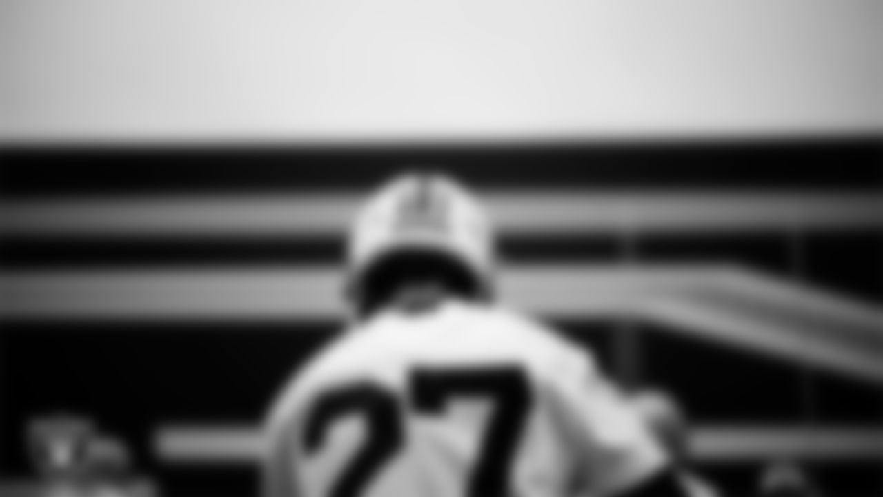 Las Vegas Raiders safety Tristin McCollum (27) during practice at Intermountain Health Performance Center.