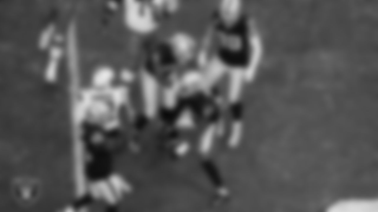 Las Vegas Raiders defensive end Malcolm Koonce (51) celebrates with teammates after sacking the quarterback during the regular season home game against the Cleveland Browns at Allegiant Stadium.