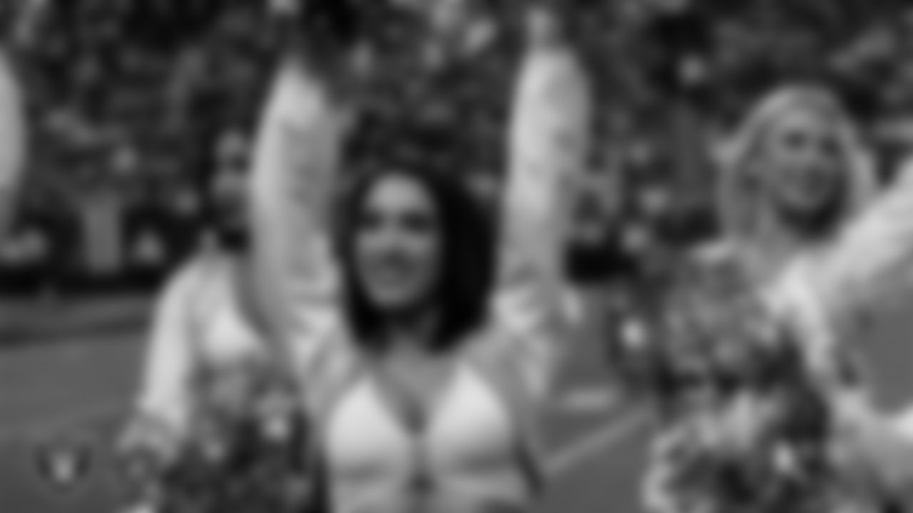 Raiderette Kylie on the sidelines during the regular season home game against the New York Giants at Allegiant Stadium.