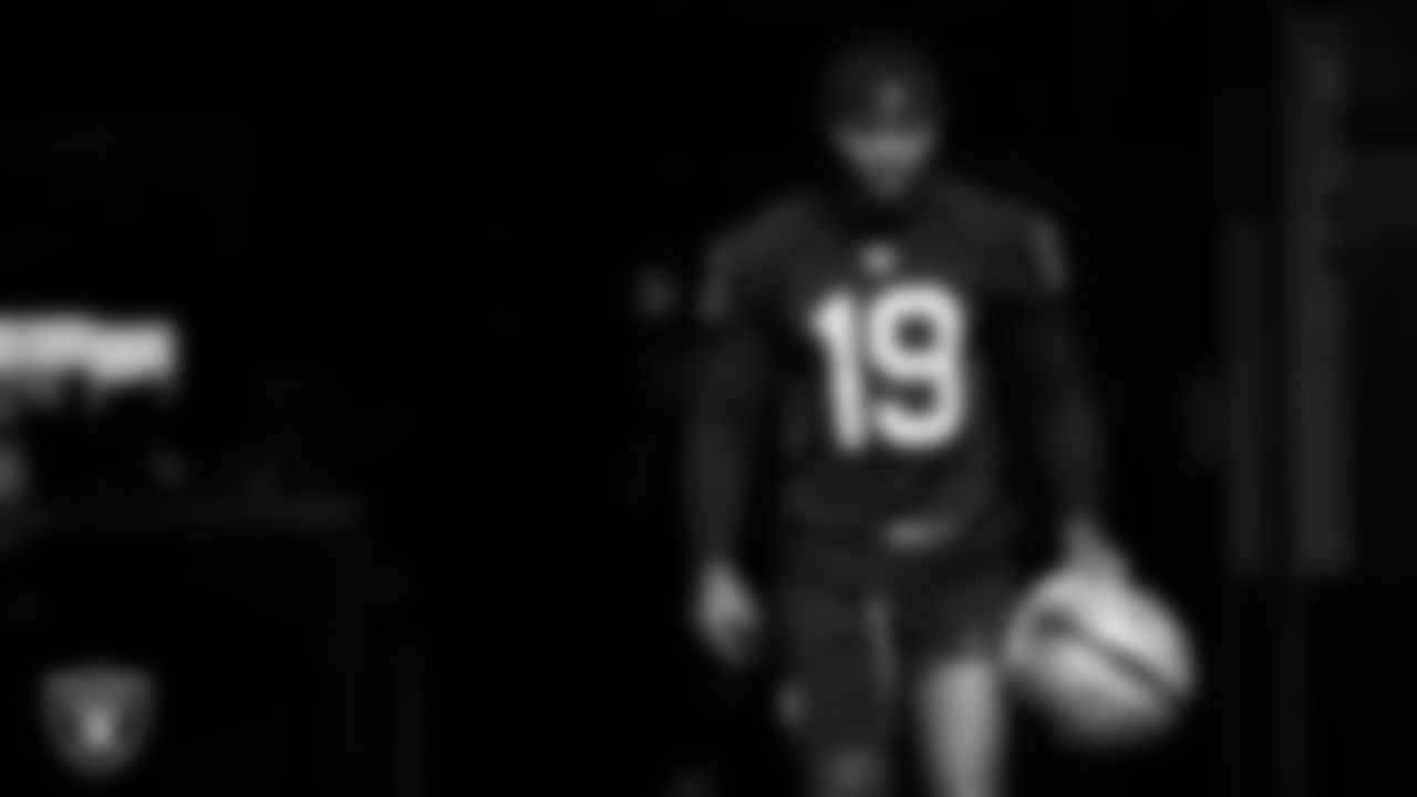 Las Vegas Raiders wide receiver DJ Turner (19) walks out to the field for practice at Intermountain Health Performance Center.