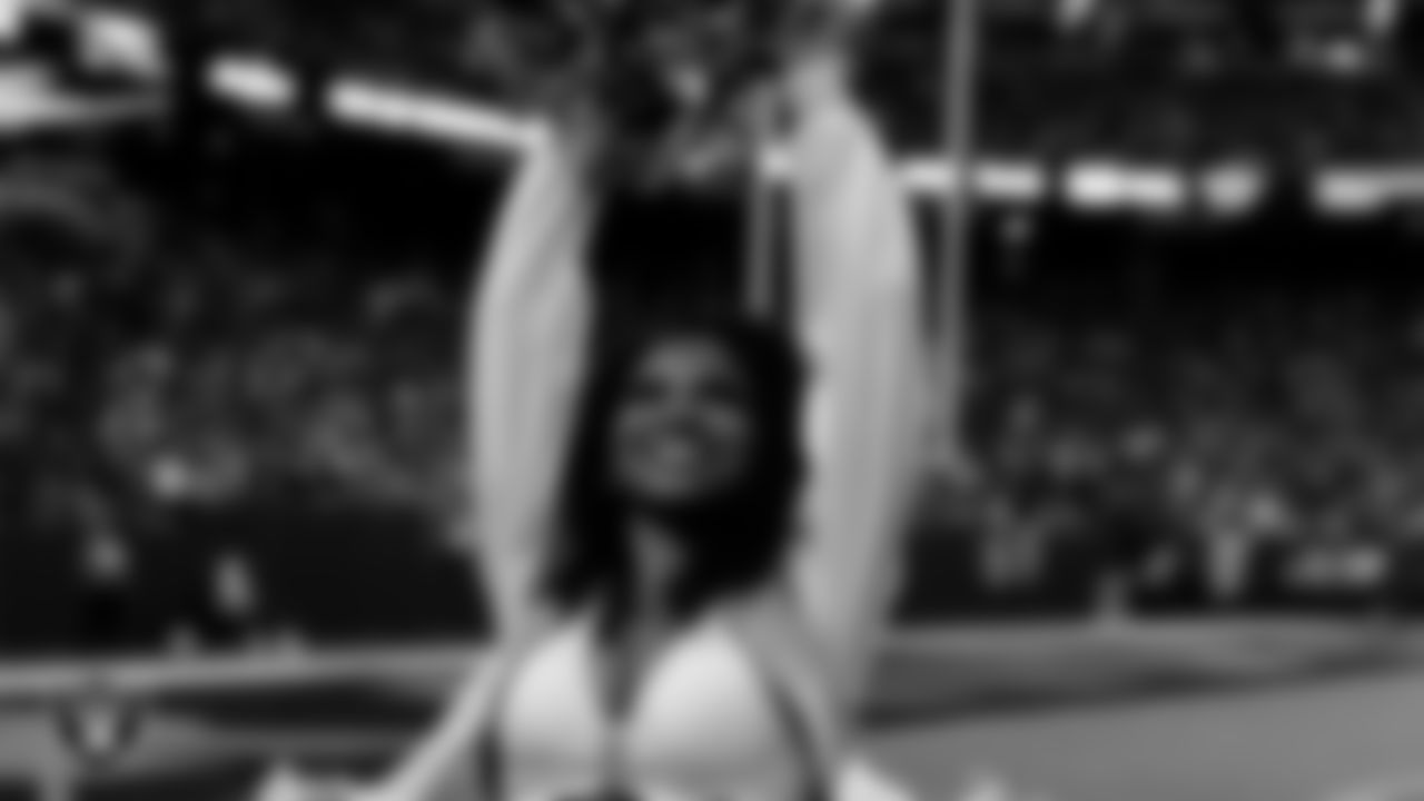 Raiderette Shayla on the sidelines during the regular season home game against the Cleveland Browns at Allegiant Stadium.