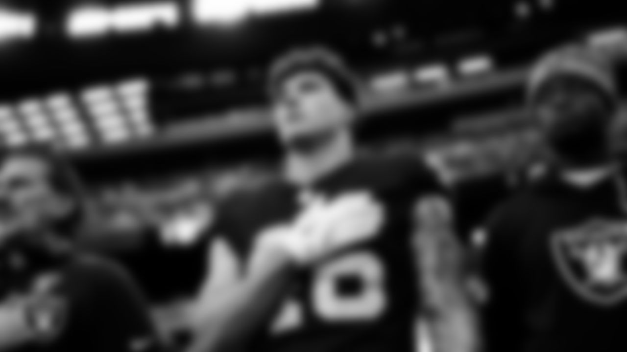 Las Vegas Raiders tight end Carter Runyon (46) during the national anthem before the regular season home game against the Kansas City Chiefs at Allegiant Stadium.