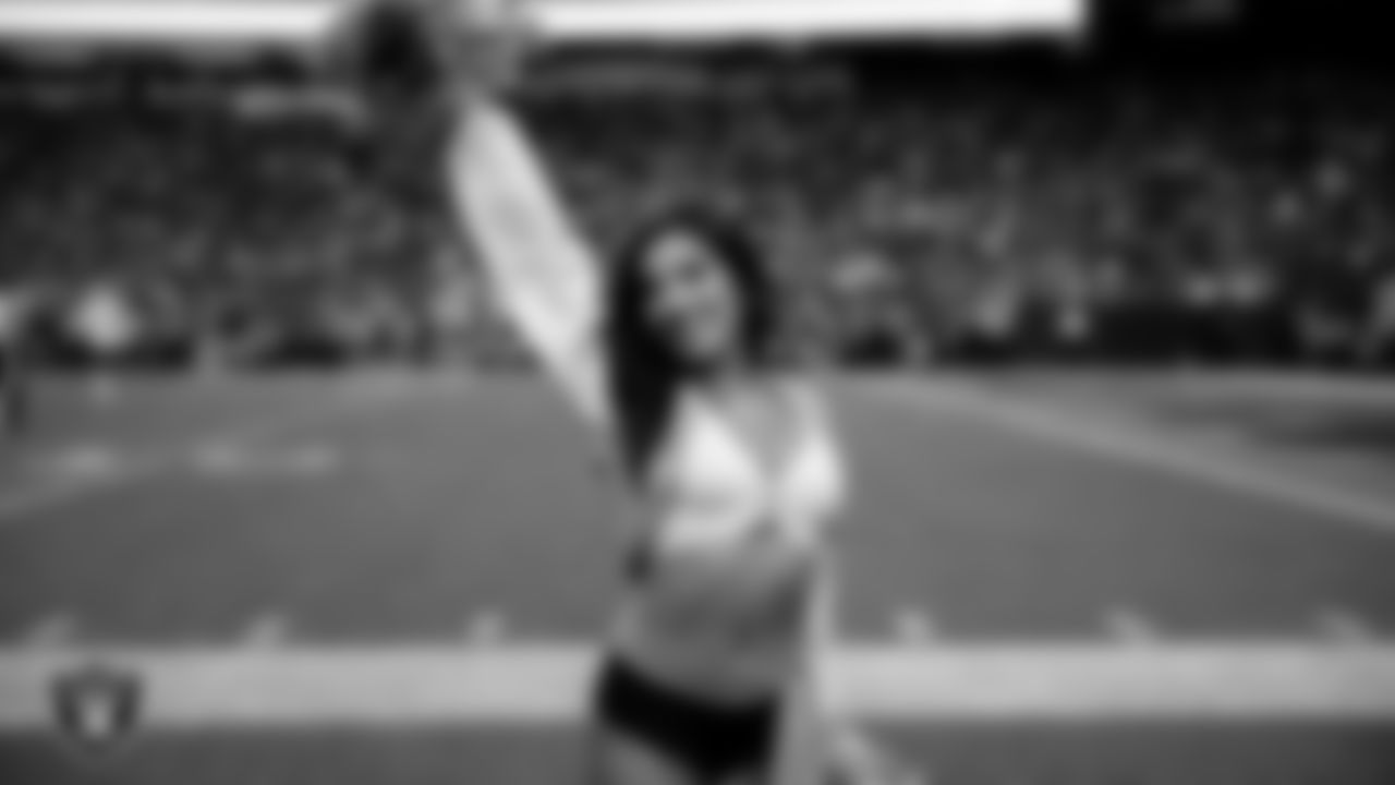 Raiderette Tatiana on the sidelines during the regular season home game against the Kansas City Chiefs at Allegiant Stadium.