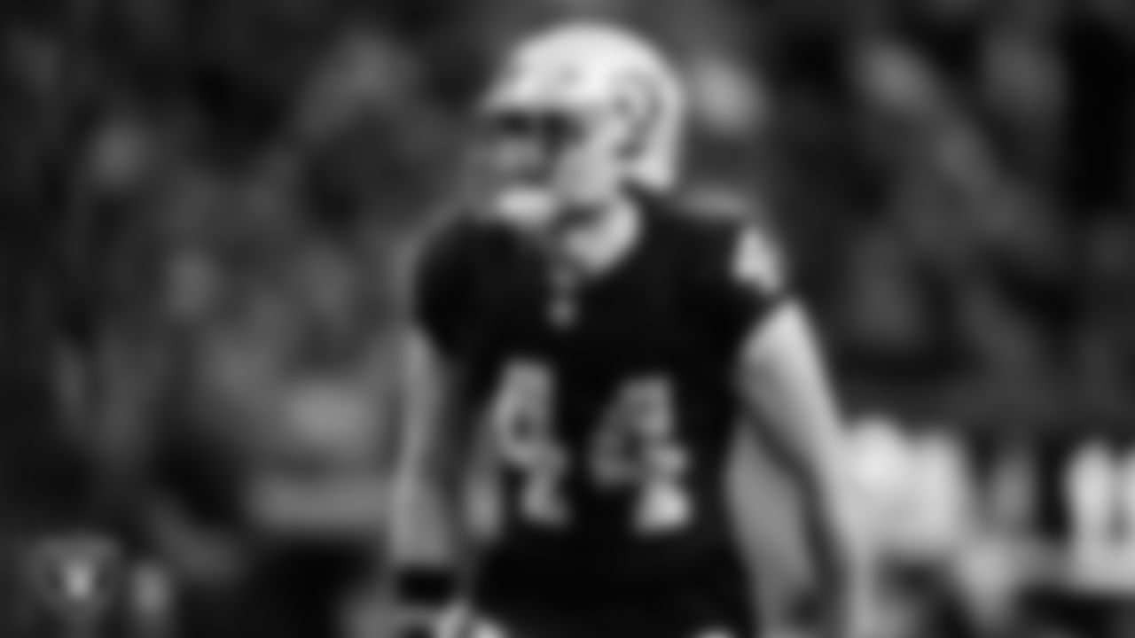 Las Vegas Raiders linebacker Tommy Eichenberg (44) celebrates after making a tackle during the regular season home game against the New York Giants at Allegiant Stadium.