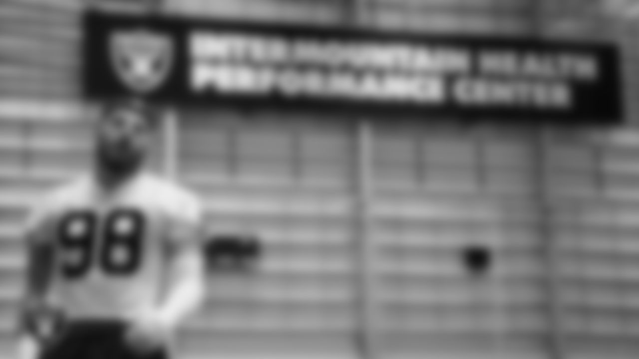 Las Vegas Raiders defensive end Maxx Crosby (98) during practice at Intermountain Health Performance Center.