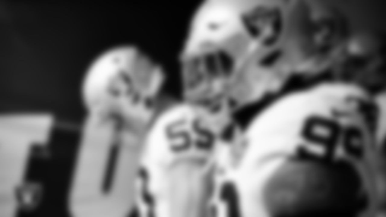Las Vegas Raiders defensive tackle Nesta Jade Silvera (99) waits for the team to be introduced onto the field before the regular season away game against the Los Angeles Chargers at SoFi Stadium.