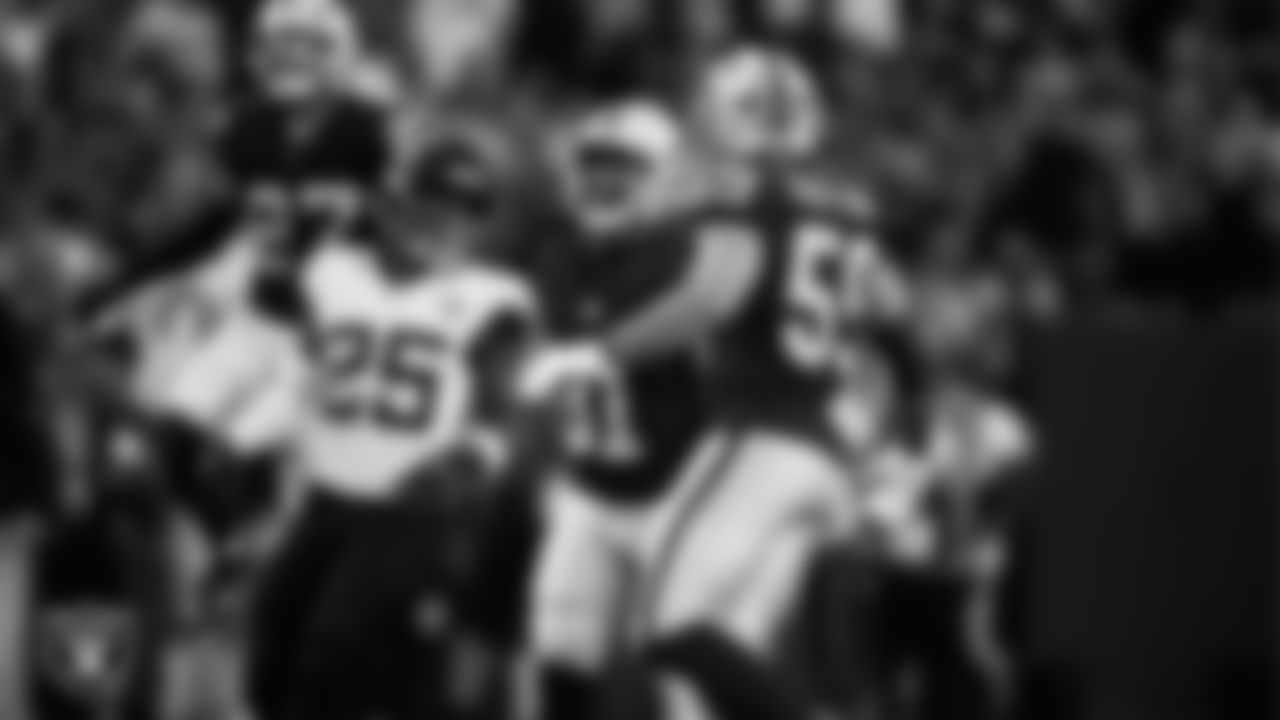 Las Vegas Raiders running back Raheem Mostert (31) celebrates after returning a kickoff during the regular season home game against the Jacksonville Jaguars at Allegiant Stadium.