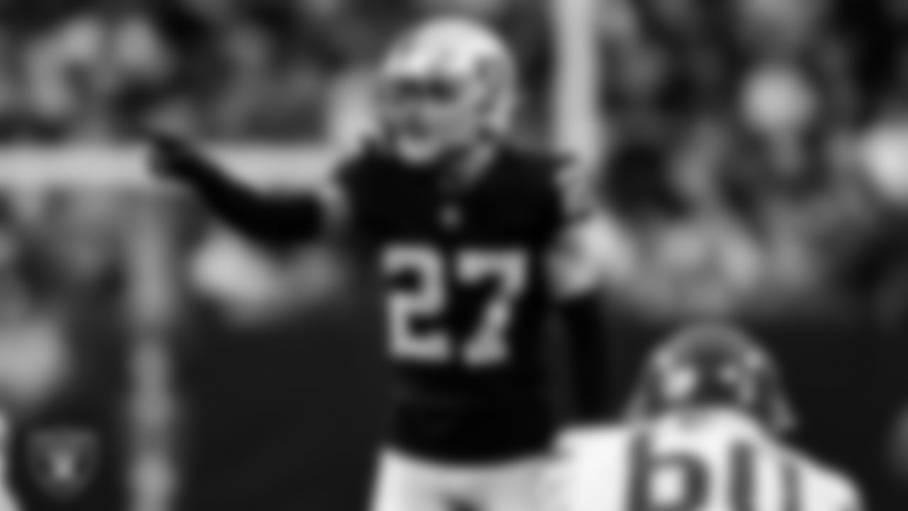 Las Vegas Raiders safety Tristin McCollum (27) during the regular season home game against the Kansas City Chiefs at Allegiant Stadium.