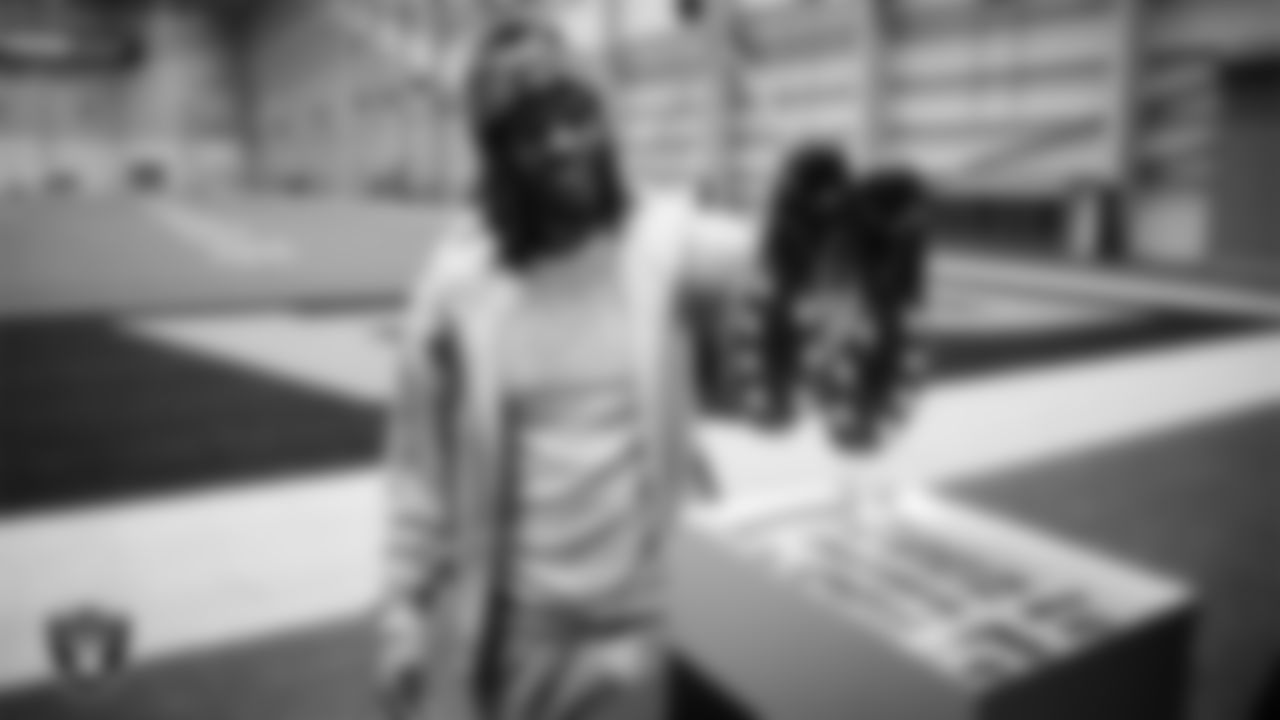 Las Vegas Raiders wide receiver Dont'e Thornton Jr. (10) unboxes his custom cleats for the NFL's My Cause My Cleats initiative at Intermountain Health Performance Center.