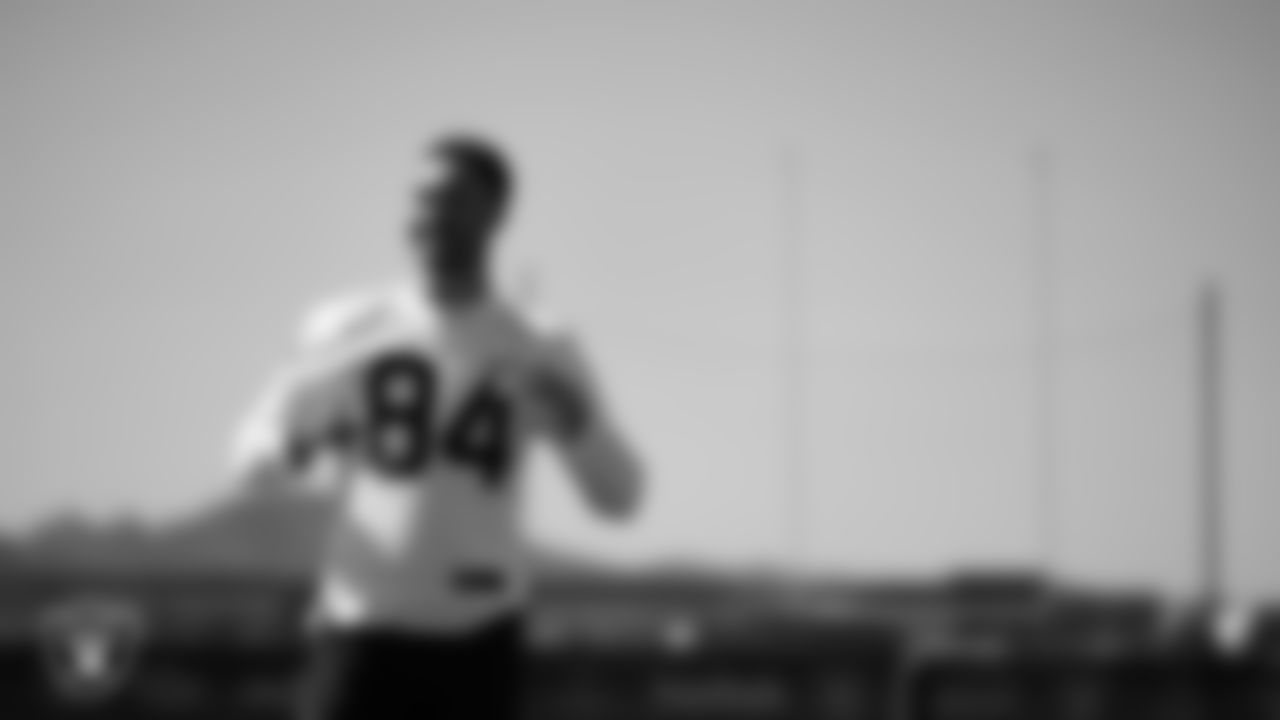 Las Vegas Raiders tight end Qadir Ismail (84) at a workout during phase two of the offseason program at Intermountain Health Performance Center.