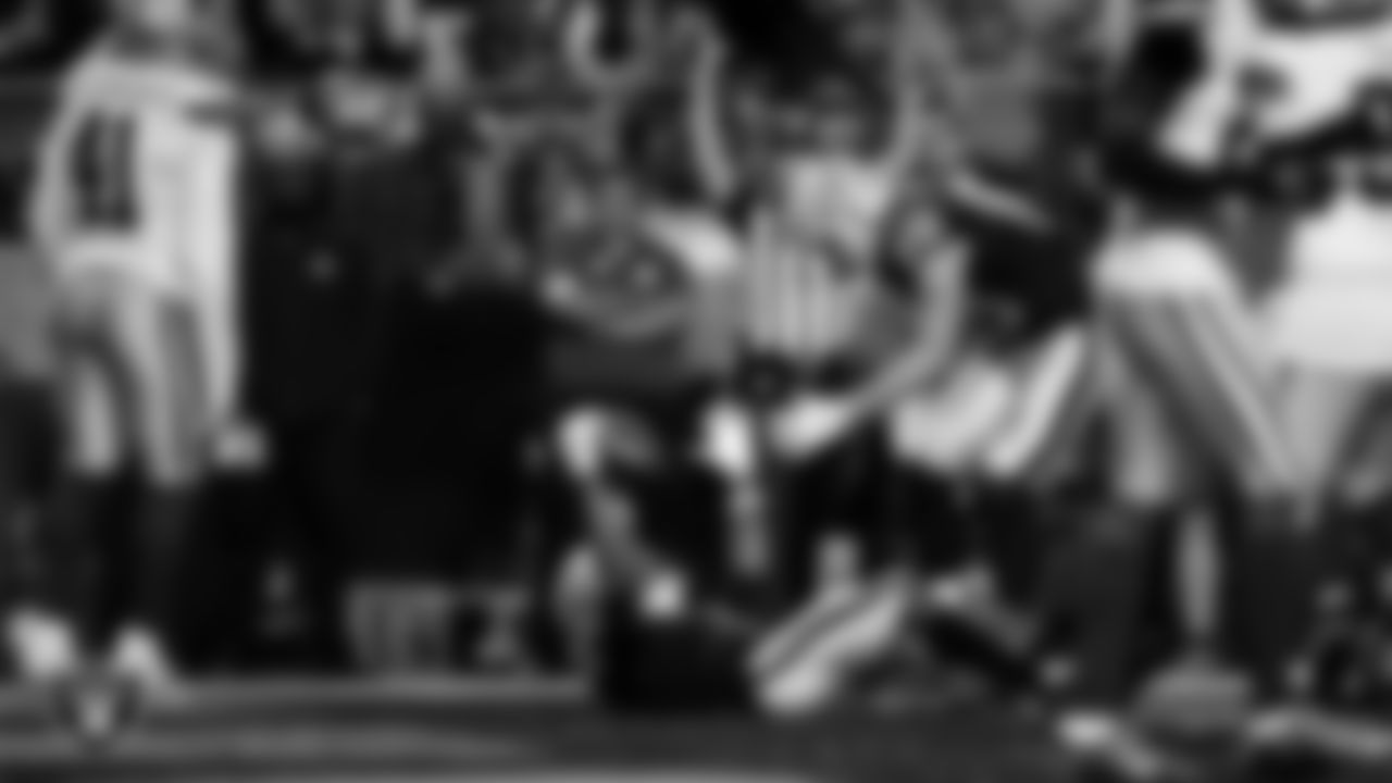 Las Vegas Raiders wide receiver Tre Tucker (1) celebrates after making a 6-yard touchdown catch during the regular season home game against the Dallas Cowboys at Allegiant Stadium.