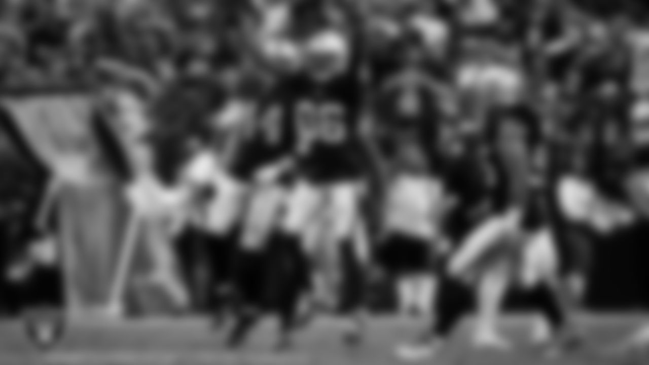 Las Vegas Raiders cornerback Kyu Blu Kelly (36) celebrates after making a tackle during the regular season home game against the Tennessee Titans at Allegiant Stadium.