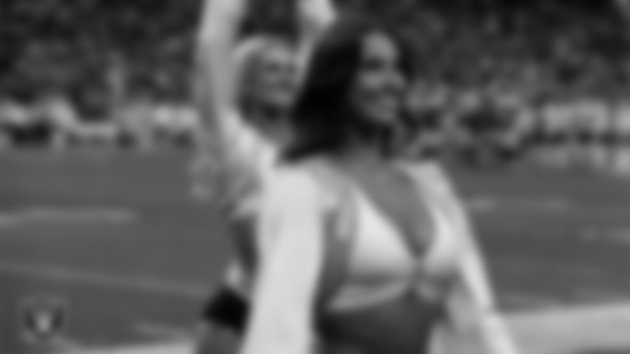Raiderette Raegen on the sidelines during the regular season home game against the Kansas City Chiefs at Allegiant Stadium.