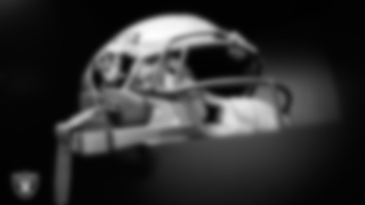 A helmet in the locker room prior to the Las Vegas Raiders' arrival for their regular season home game against the Kansas City Chiefs at Allegiant Stadium.