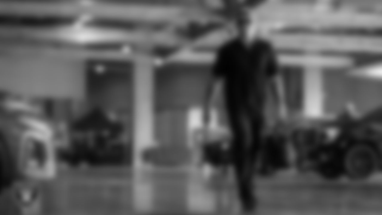 Las Vegas Raiders linebacker Cody Lindenberg (55) arrives to the regular season home game against the Kansas City Chiefs at Allegiant Stadium.